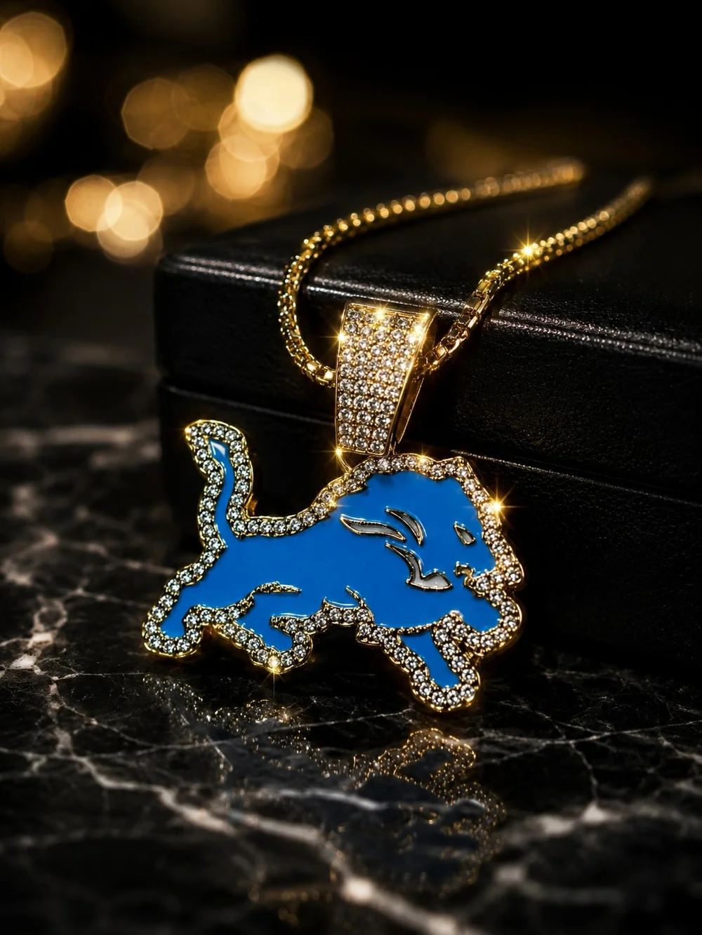 Detroit Lions Blue Lion Pendant Necklace Gold Tone Iced CZ Style Chain